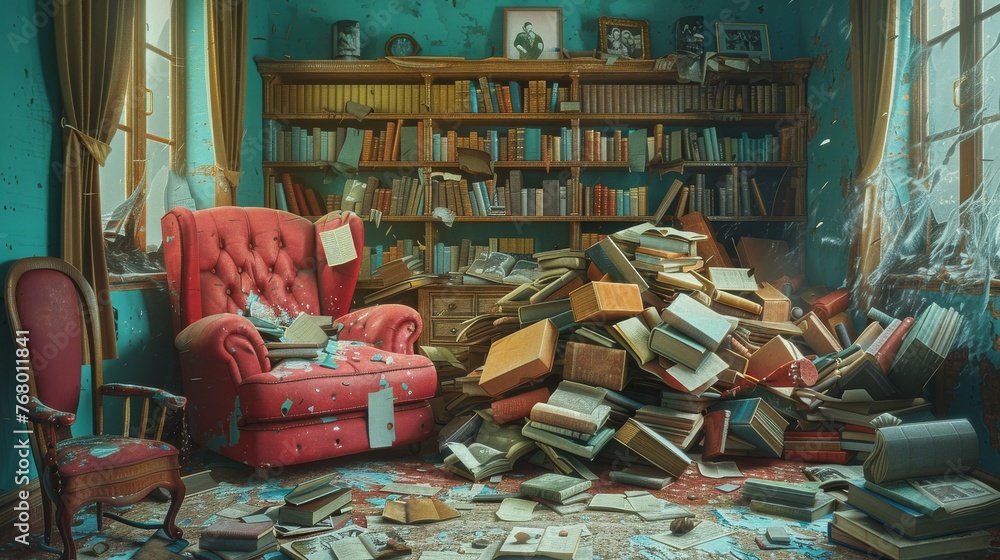 Poster depict inanimate objects as if they are caught in a dance, with items like chairs and books swirling