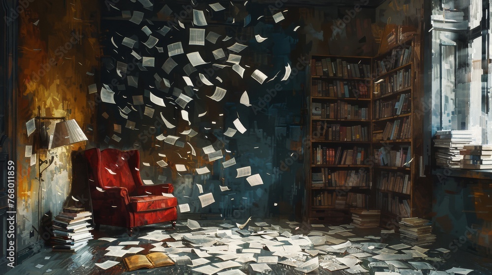 Poster depict inanimate objects as if they are caught in a dance, with items like chairs and books swirling