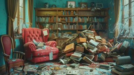 Depict inanimate objects as if they are caught in a dance, with items like chairs and books swirling in a room, creating a sense of motion and life within the stillness. - obrazy, fototapety, plakaty