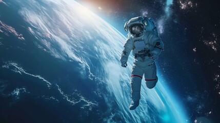 Fototapeta na wymiar An astronaut drifts in the vastness of space with Earth's horizon and stars in the background.