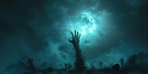 halloween background, Hand of the zombie coming out from ground on  full moon night sky with fog and tombstones background, scarry night horror, banner - obrazy, fototapety, plakaty