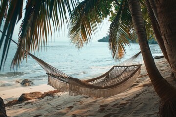 Tranquil Moment in a Hammock on a Tropical Beach with Palm Trees and Turquoise Waters, Ideal Getaway for Relaxation and Serenity - obrazy, fototapety, plakaty