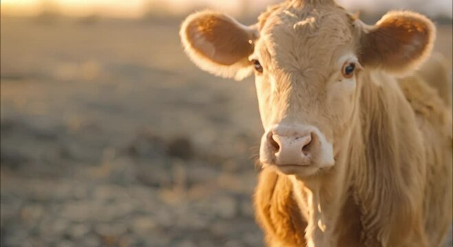 a cow in the barren, cracked land footage