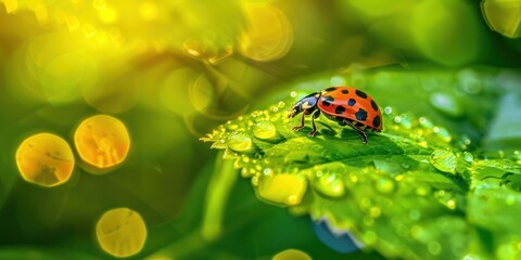 A tiny seven-star ladybug lies on a bright green leaf, close-up, movie lighting, color layering,