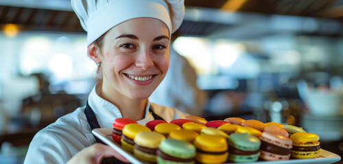 A chef displays a platter of vibrant macarons with pride, her eyes shining - Powered by Adobe