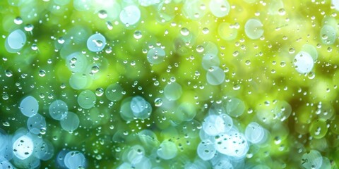 abstract light green and blue bokeh blurry raindrops backlit on a white background