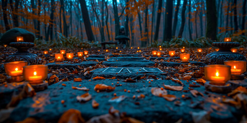 Witchcraft Ritual altar with Candles, Tarot cards and Crystal Balls in forest. Divination and Magic Rituals of Walpurgis Night, Halloween or Equinox. - obrazy, fototapety, plakaty