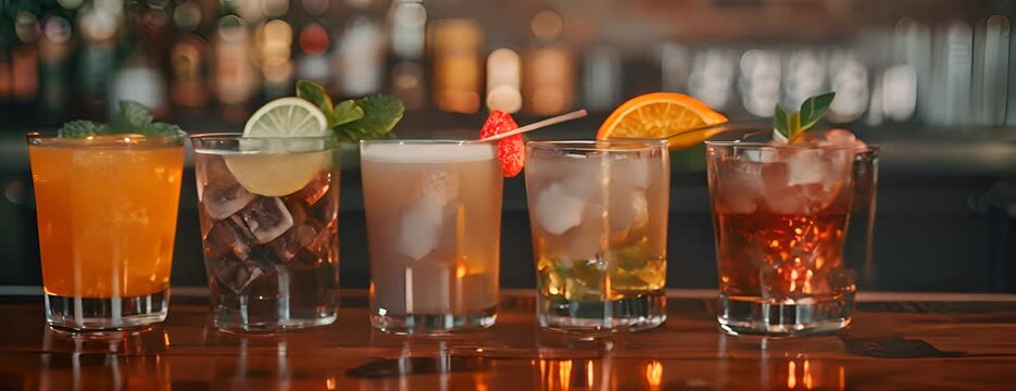 A row of drinks on a bar counter, including a variety of cocktails 4K Video