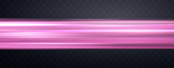 Speed rays, velocity light neon flow, zoom in motion effect, pink glow speed lines, colorful light trails, stripes. Abstract background, vector illustration. - obrazy, fototapety, plakaty