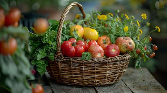 Design an image showcasing a farm-to-table concept with fresh vegetables and fruits directly from the garden, arranged in a rustic basket on a wooden table.
