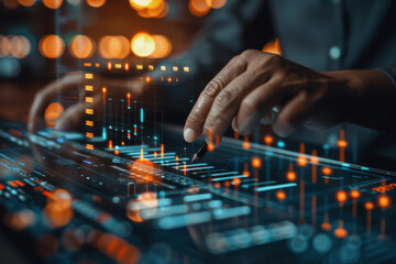 Digital businessman hand drawing growth graphs and financial data with hologram charts.