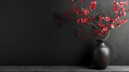 A Chinese porcelain vase with delicate floral patterns, adorned with peach blossoms and leaves, stands against the backdrop of an empty black wal - obrazy, fototapety, plakaty