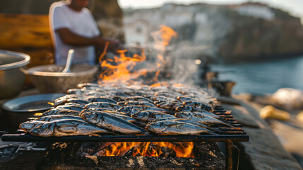 Grilling sardines in the open air in a Portuguese fishing village by the ocean. - 768014051