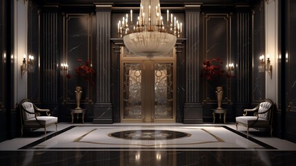 Palatial residential elevator lobby with dramatic chandeliers and ornate finishes - obrazy, fototapety, plakaty