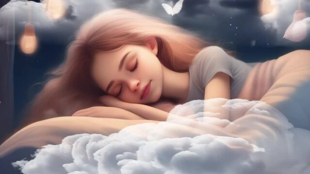 girl sleeps among the clouds, dreams, wonders of imagination and subconscious. Generative AI,