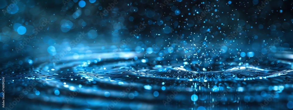 Poster digital rain with each drop symbolizing a specific cybersecurity metric, falling into a serene pond 