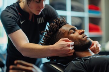 African American male enjoying a soothing spa head massage for stress relief and tension release in a comfortable chair - obrazy, fototapety, plakaty