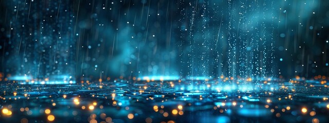 Digital rain with each drop symbolizing a specific cybersecurity metric, falling into a serene pond that has space for text around its edges.