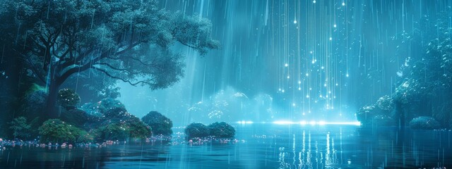 Digital rain with each drop symbolizing a specific cybersecurity metric, falling into a serene pond that has space for text around its edges. - obrazy, fototapety, plakaty