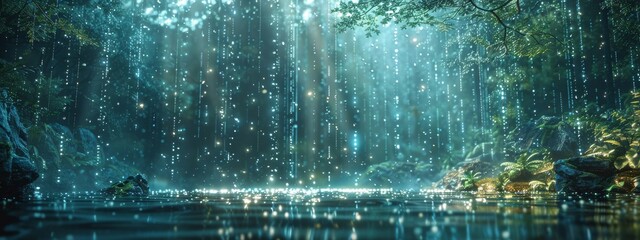 Digital rain with each drop symbolizing a specific cybersecurity metric, falling into a serene pond that has space for text around its edges.
