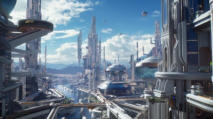 A bustling futuristic city with high-rises and sky transport routes under a clear sky.