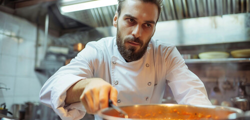 A man in a chef's uniform tends to a pot of soup that is simmering, his intense stare addressing the camera with a sense of culinary passion and ability