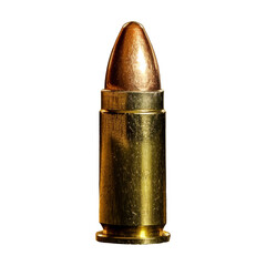 A bullet is sitting on a white background. The bullet is made of gold and has a brown tip