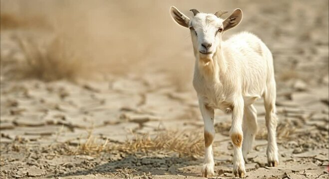 a goat in the barren, cracked land footage