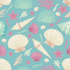 Seamless pattern of sea shells and corals. Beautiful multi colored shells with interesting shapes turquoise back . Fashionable flat vector illustration, for textile creation, endless print.