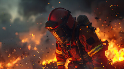 A 3D animated scene depicting a firefighter bravely rescuing someone from a fire-ravaged building, against a backdrop of billowing smoke and glowing embers
