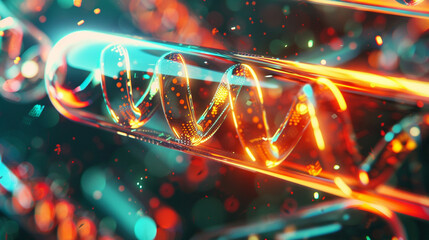 A backdrop highlighting a magnified view of DNA strands within a medical test tube rendered in a unique style conveying the intricacies and marvel of biotechnology. - obrazy, fototapety, plakaty