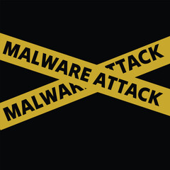 Caution and warning- Malware attack word on yellow barricade tape, crime scene concept