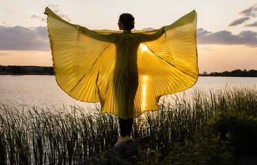 silhouette of woman standing at sunset, spreading her wings instead of arms. Fantasies, dreams,...