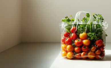 Transparent shopping bag with vegetables on table with sunshine. Healthy lifestyle and clean eating concept