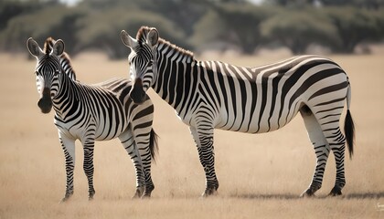 Fototapeta na wymiar A Zebra Pair Grazing Side By Side In Harmony