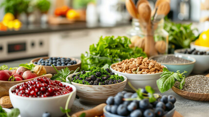 A peacefully serene, clean and well-organized kitchen where beautifully detailed, carefully selected healthy foods like greens, berries, nuts, and seeds are arranged magnetically.