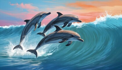An Artistic Depiction Of A Pod Of Dolphins Swimmin - obrazy, fototapety, plakaty