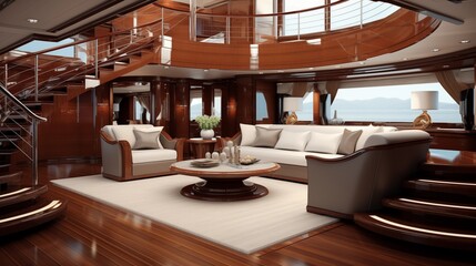 Private luxury yacht interior with polished wood, leather upholstery, and marble surfaces