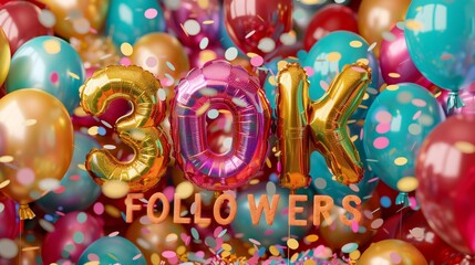 30K FOLLOWERS text with balloons and confetti background