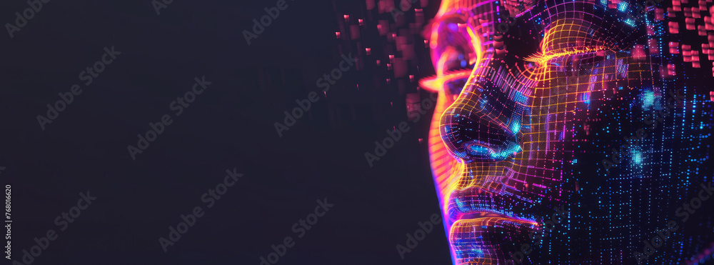 Poster the face is surrounded by a dark background. artificial intelligence and virtual reality concept. 3d
