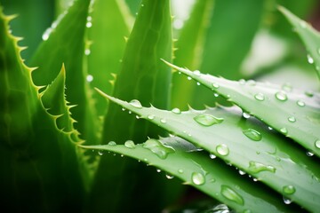 Closeup photo of aloe vera plant - medicinal green cactus leaf in natural texture and color