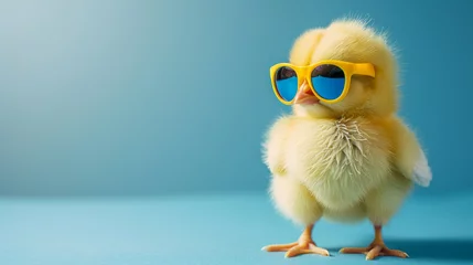 Fotobehang Cool cute little easter chick baby with sunglasses on blue background with copy space, greetings card design. © paulmalaianu