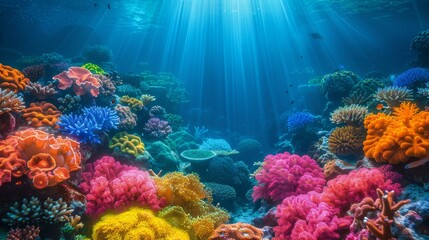 Fototapeta na wymiar Underwater View of Coral Reef With Sunbeams