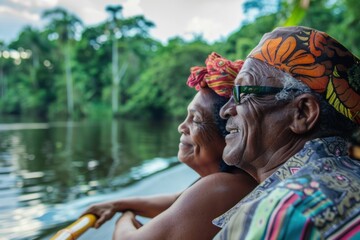 Happy mature couple on a boat trip in the jungle river smiling at each other while embracing, enjoying traditional wear