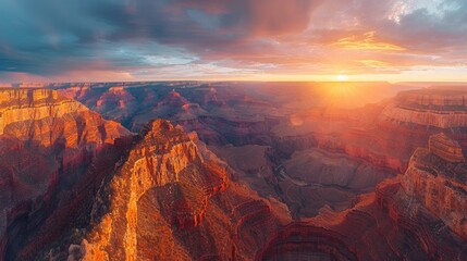 Epic sunrise over the Grand Canyon, drone perspective, vibrant colors emphasizing the depth and grandeur of the landscape, high detail for art prints.
