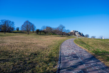 Stone path on the lawn near Devín Castle in Bratislava.