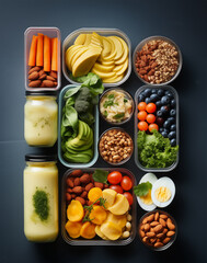 Healthy  snack ideas for to go lunch boxes on dark background, top view. Flat lay. Top view