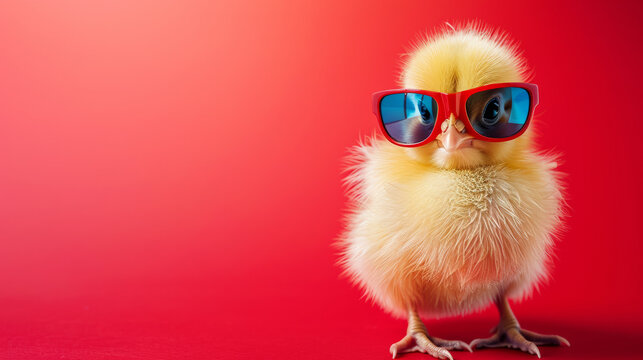 Cool cute little easter chick baby with sunglasses on red background with copy space, greetings card design.