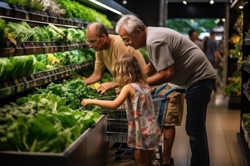 Elderly family shopping for fruits and vegetables in grocery, healthy eating concept
