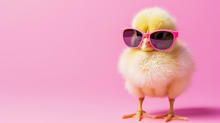 Cool cute little easter chick baby with sunglasses on pink background with copy space, greetings card design.